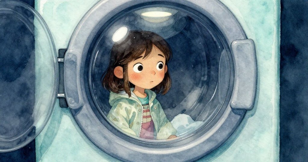 昆恩靠近靜默洗衣機玻璃，映出好奇疑問的臉龐與天花板微光交織，增添神秘氛圍。