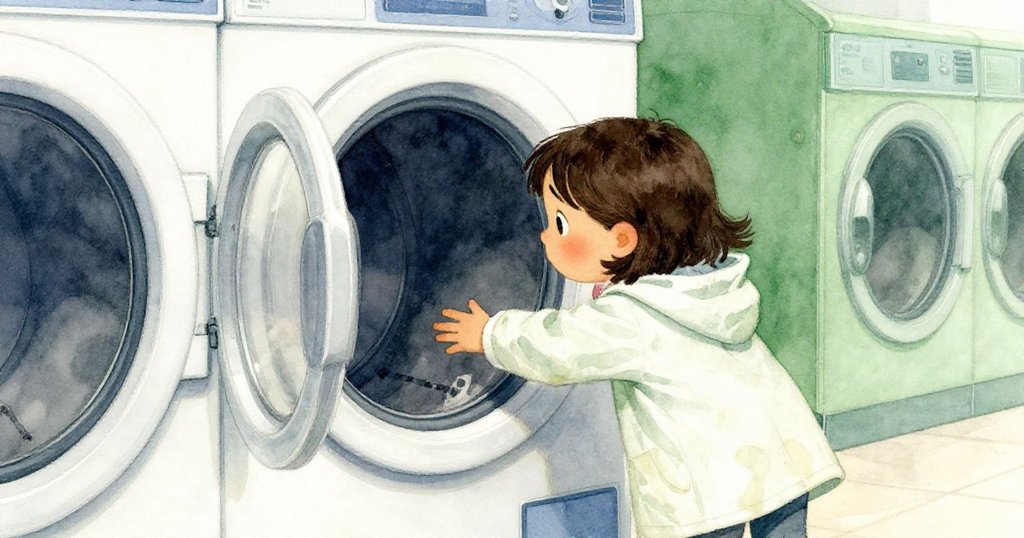 昆恩打開靜默洗衣機門探查空曠內部，柔和光影映襯下透露出寧靜而神秘的隱秘空間。