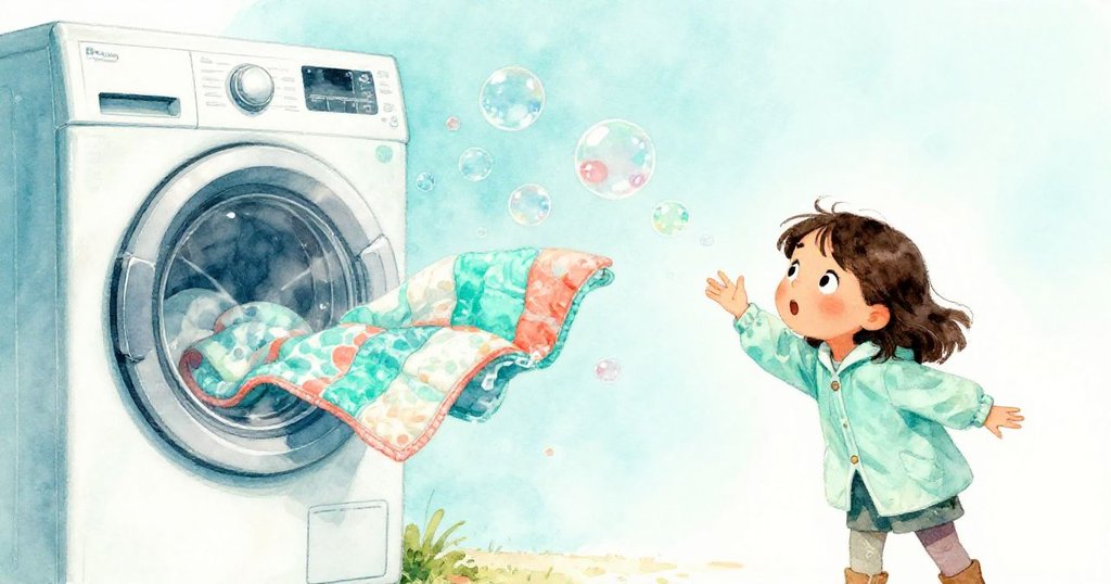 昆恩驚訝注視洗衣機內舊被子翻滾，皂泡與旋轉動態構成活力四射、色彩斑斕的追逐場面。
