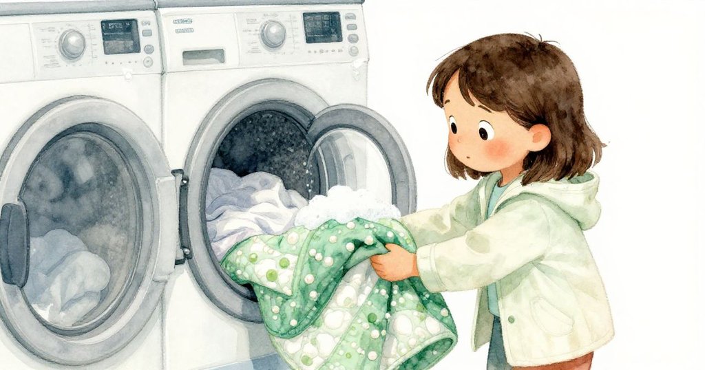 昆恩溫柔地將珍貴舊被子放入運轉洗衣機，手觸籃子表現出寧靜與釋然，氛圍柔和溫暖。