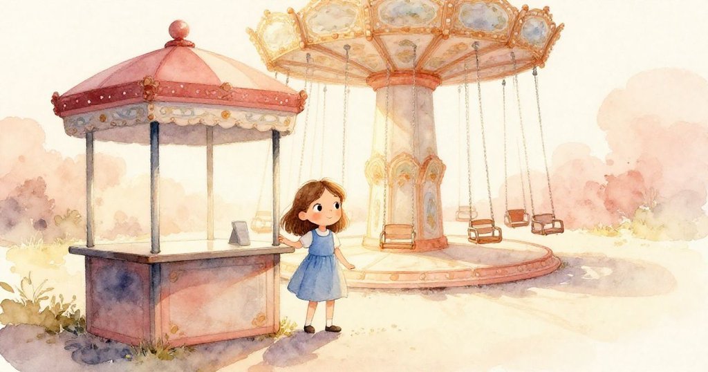 萊娜站在售票亭旁的陰影中，凝視著閒置搖椅在金色光中微搖，臉上滿是好奇與期待，背景透露著神秘氣息。