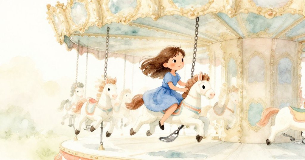 在柔和光影中，萊娜緊握扶手乘坐搖擺的椅子，背景中鏈條與剝落紅板層次分明，她滿懷驚奇，動態表現出魔幻韻味。