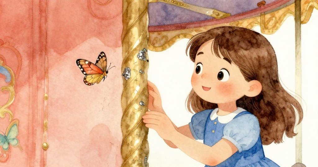 萊娜注視著車棚外緣的凹痕，陽光下金屬邊緣裸露，旁有輕舞小蛾，細緻刮痕訴說過往故事，神情專注而神秘。