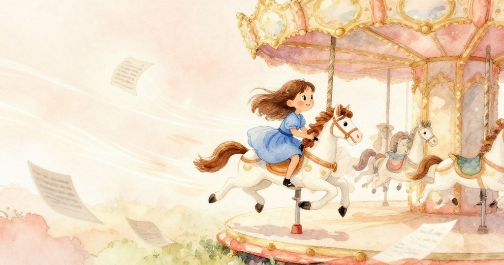 在旋轉全速中，萊娜仰望前方，音符似追逐般飛舞，背景充滿溫暖光芒與柔和晕影，表情驚奇且充滿活力。