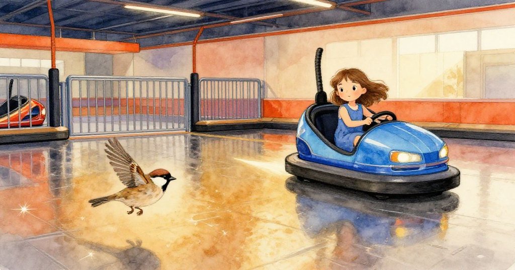 Gwen 穿藍衣滑入海藍碰碰車，場地燈光閃爍，麻雀快速飛越金屬地面，充滿活力與期待。