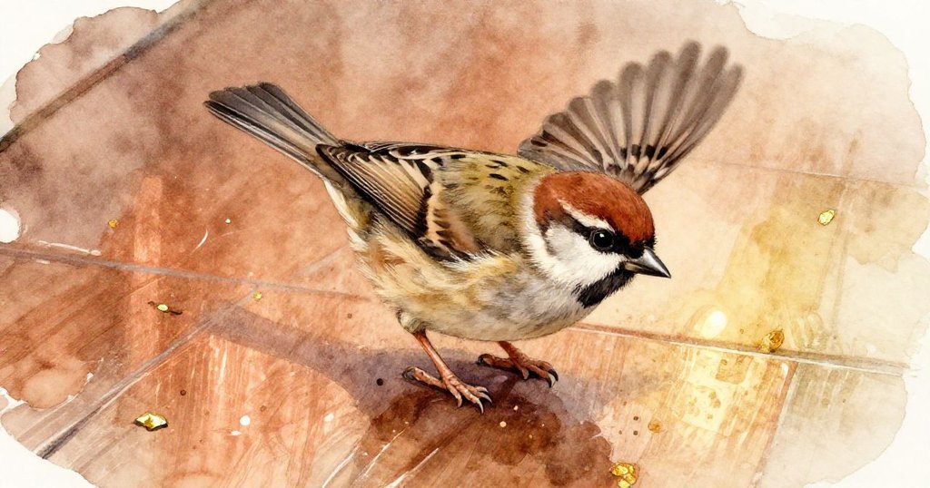 麻雀展翅急飛，掠過打蠟金屬地面，散落星光點點，細節精緻，充滿神秘與活力。