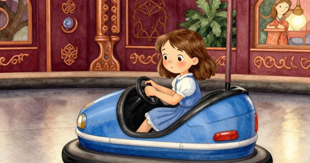 Gwen 輕踩踏板，身體微顫，表情謹慎而懷舊，車內暖光環繞，細節生動。