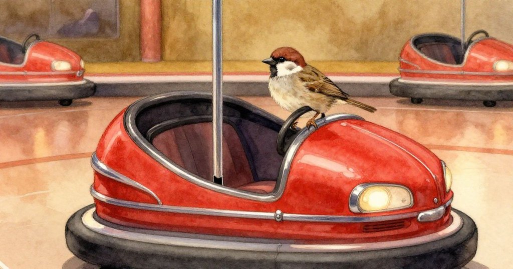 麻雀輕降紅車金屬杆上，細爪輕握鏡面，探索動作細膩，氛圍溫暖而寧靜。