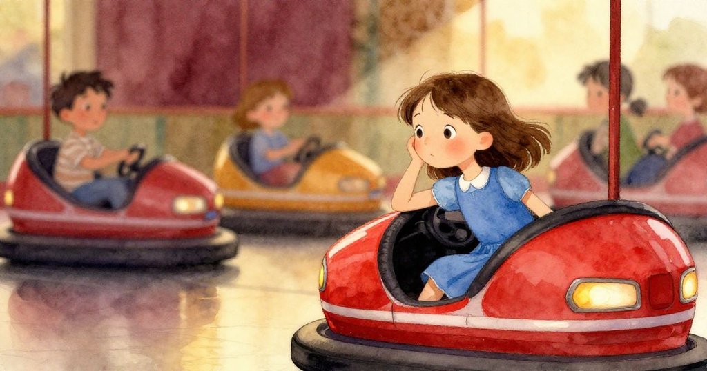 Gwen 望向空紅車，眼神溫柔懷舊，背景人影模糊，室內燈光柔和，充滿記憶情懷。