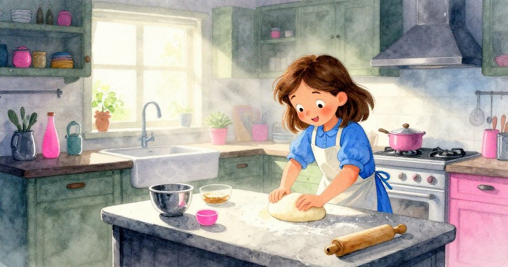 羅文在清晨薄霧籠罩的廚房裡，雙手揉捏著活躍的麵團，桌面灑滿柔和麵粉，神情專注且溫暖。