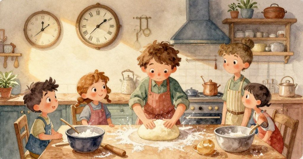 羅文的雙手近拍特寫，輕柔摺疊著起泡麵團，細膩麵粉粒子跳動，呈現溫和專注的動作。