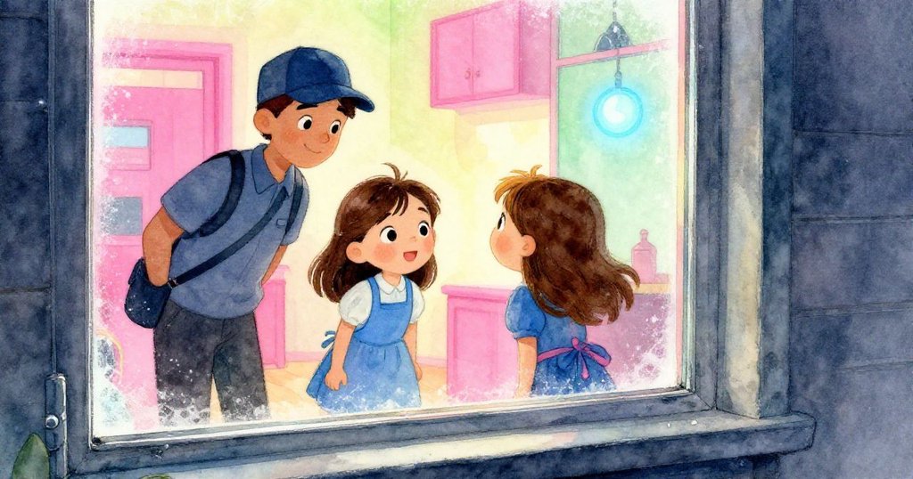 羅文透過略帶霧氣的窗戶好奇凝望，外面快遞員緩步靠近，室內溫暖與室外清新晨光交織，氣氛充滿期待。