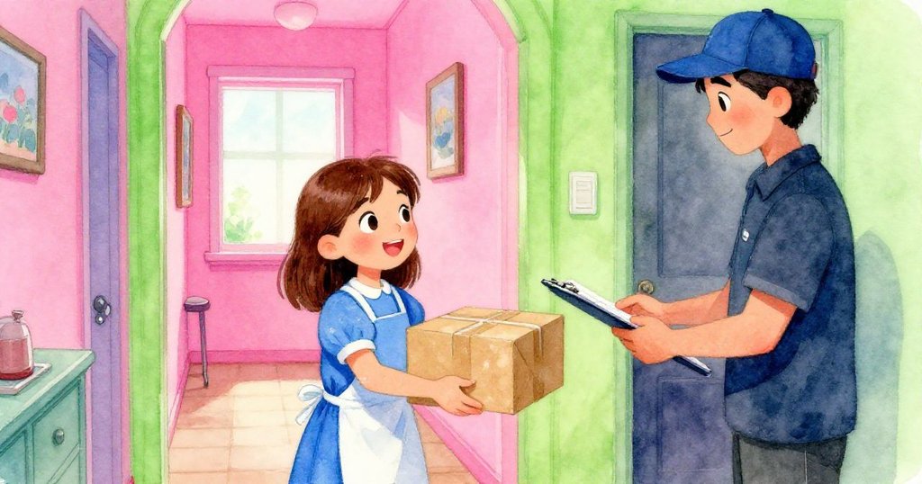 羅文在走廊中接過快遞員送來的包裹與剪貼板，手上留有麵團與麵粉痕跡，神情中充滿驚喜與專注。