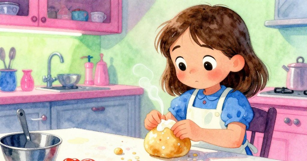 羅文回到廚房櫃檯前，輕捏麵團表面薄膜修補缺口，神情專注且略帶憂慮，溫暖光線聚焦細節。