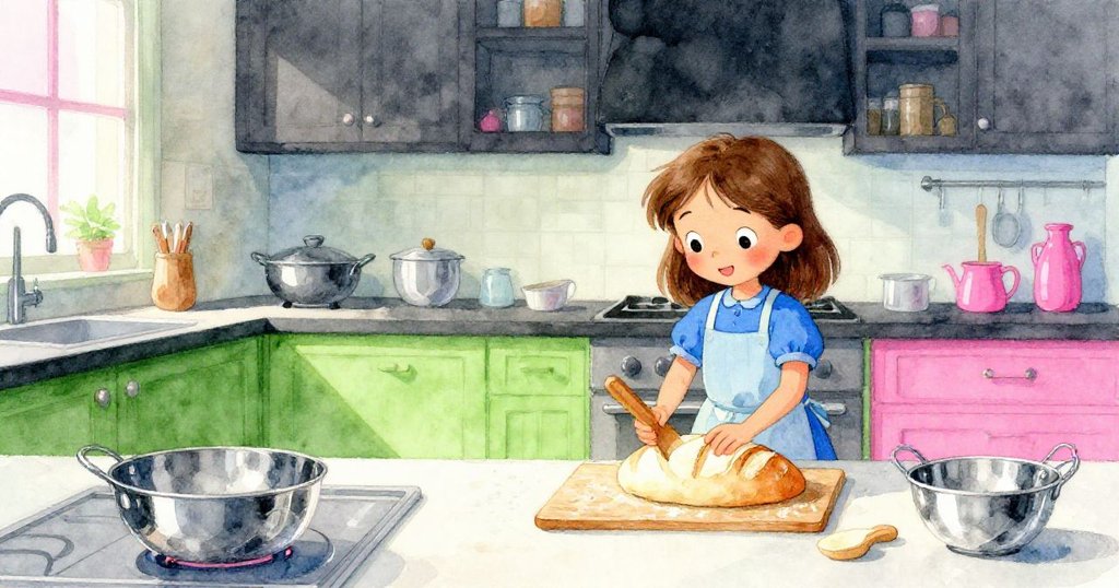 羅文在溫馨廚房中平靜地將木挑放於發酵桶旁，目送麵團穩步發酵，伴隨時鐘細響與烤箱輕響呈現安寧結局。