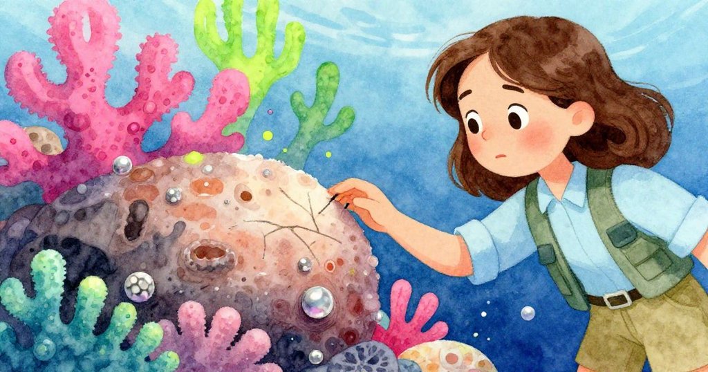 珍珠凝視珊瑚上的細微刮痕，指尖輕觸，神情流露出好奇與猶豫，海底細節豐富。