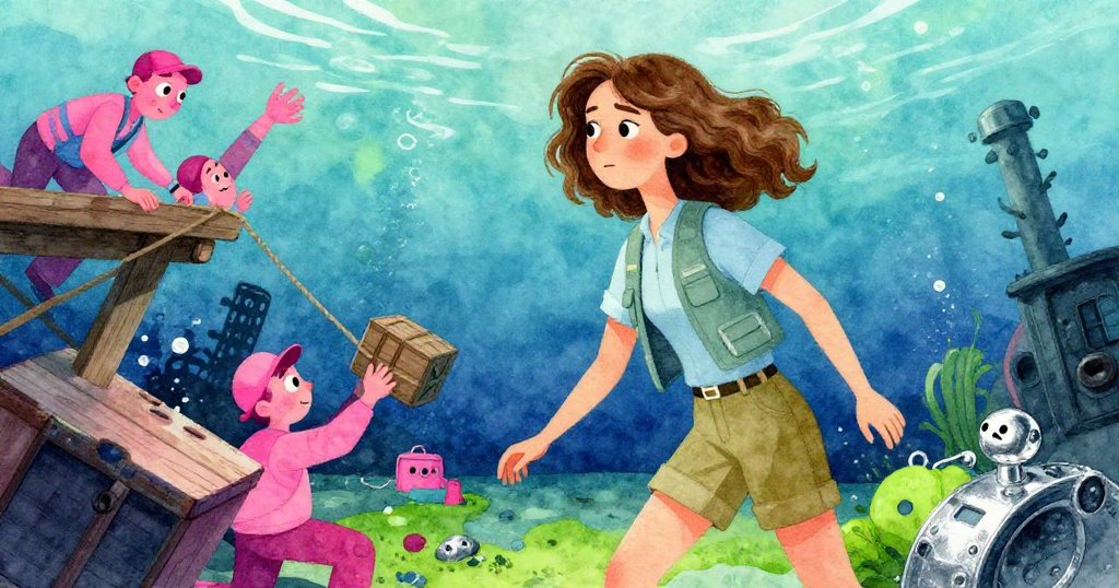 珍珠突然轉身，背景中甲板人員掙扎解繩，海底與老舊碼頭元素交織，氣氛緊張。