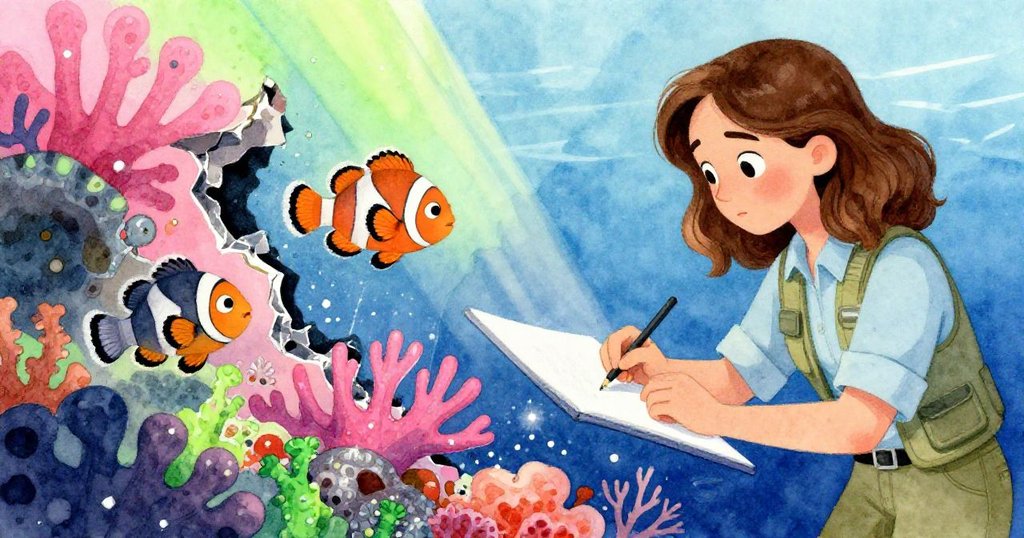 珍珠專注修正畫作，珊瑚裂紋延伸，旁邊小魚好奇游過，細節豐富、動感明顯。
