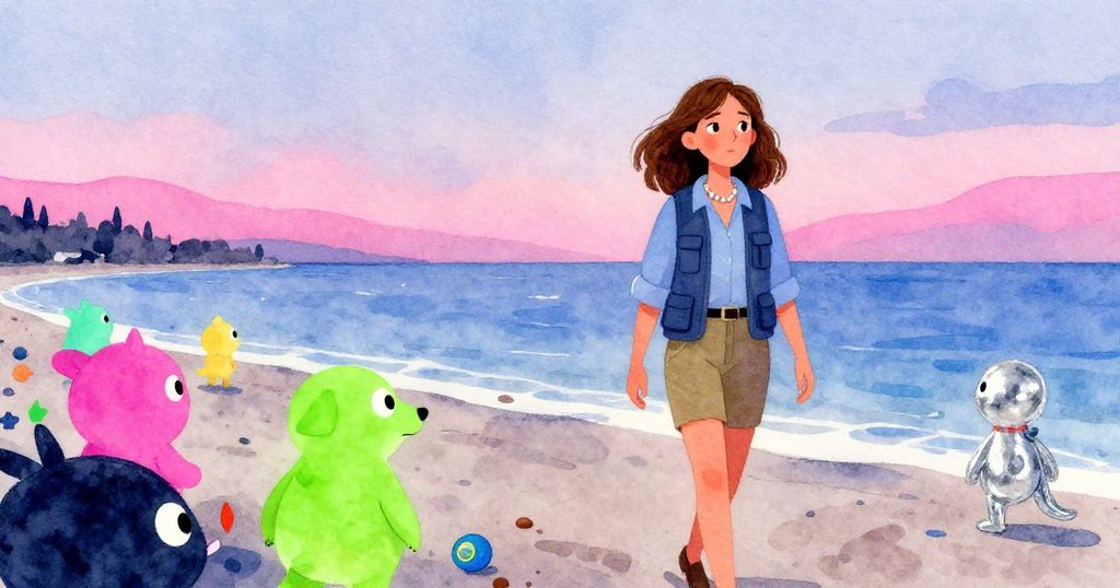 傍晚時分，珍珠走向海岸，柔和夕陽映照海面與煙霧交融，心情平靜且充滿回憶。