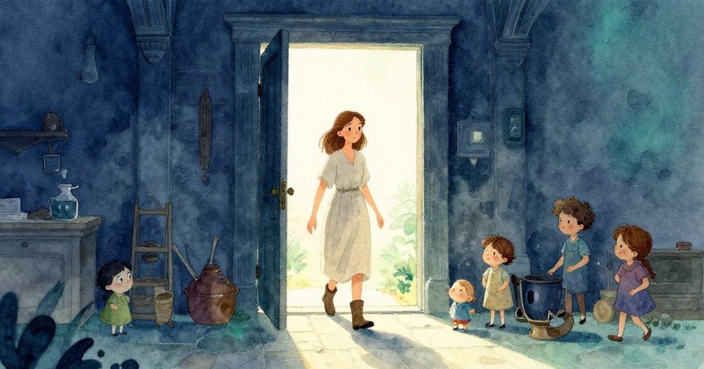 格蕾塔從高大石門步入室內,外面強光漸退,表情溫柔迎向柔和光線,鋪陳故事開端。