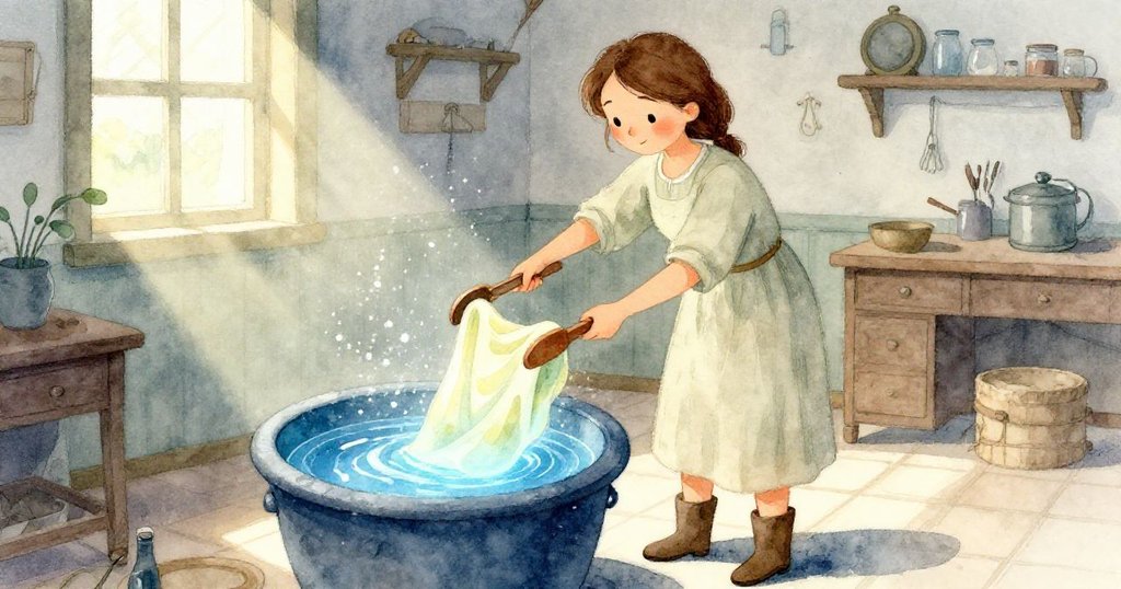 格蕾塔在室內用木夾子把淡黃綠布料放入發光的靛藍染缸,陽光透過網狀窗照亮石板地面,細節豐富。