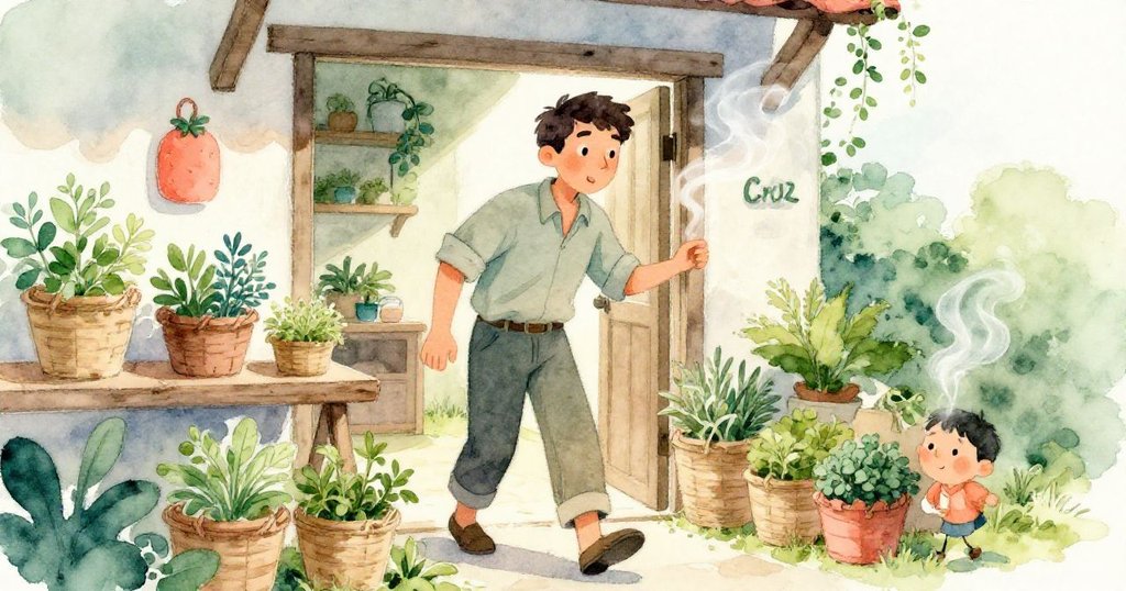 克魯茲攜香草籃子進入工作室,溫暖光線中微風拂面,蒸氣飄散,臉上流露友善表情,呈現活潑轉折。