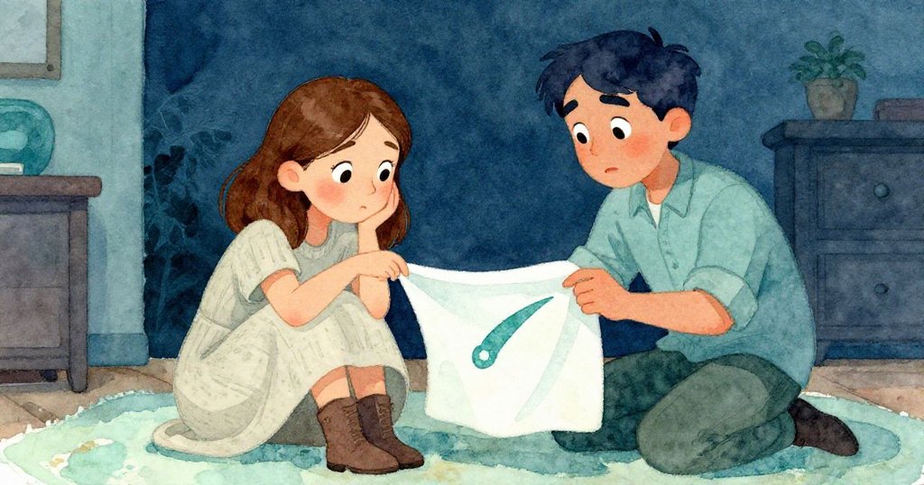 格蕾塔與克魯茲在工作台前凝視帶有彗星痕跡的布料,神情凝重互相交流,內心掙扎與決斷呼應故事高潮。