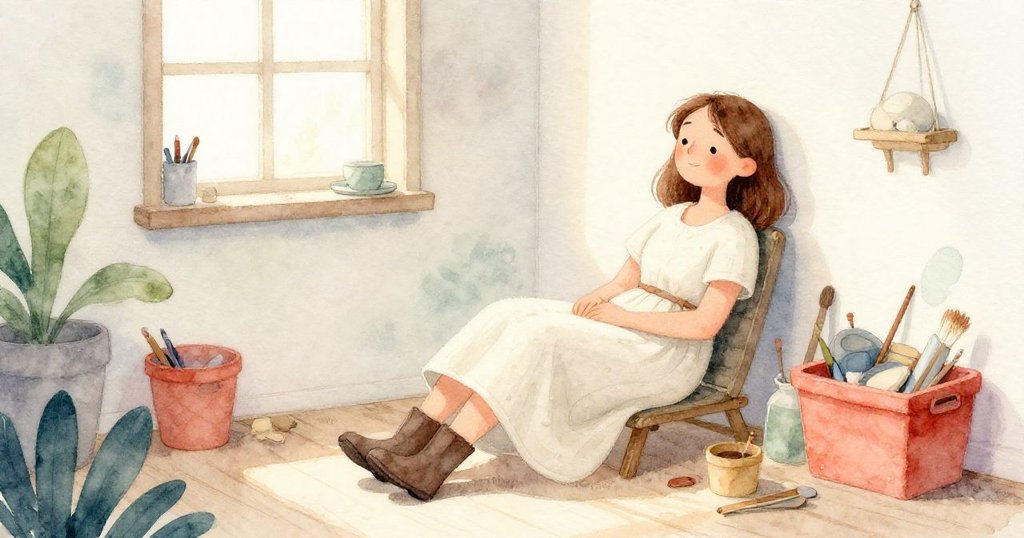 格蕾塔在工作室角落靜坐沉思,夕陽餘暉柔和灑落,神情平和流露內心寧靜,呼應故事結局。