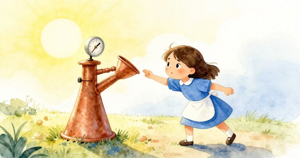 Olive在黎明柔光中走向戶外銅製儀器，充滿好奇心輕觸雨杯，場景開闊展現初升太陽與溫暖光芒