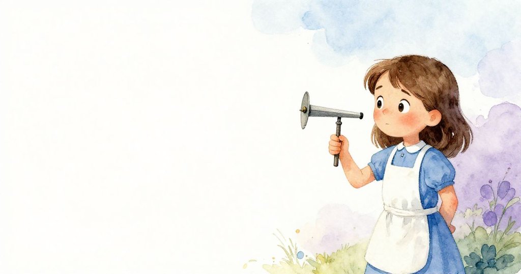 Olive在空曠背景中仔細觀察沉默風杯，金屬質感和安靜神秘氛圍營造出淡淡驚奇感