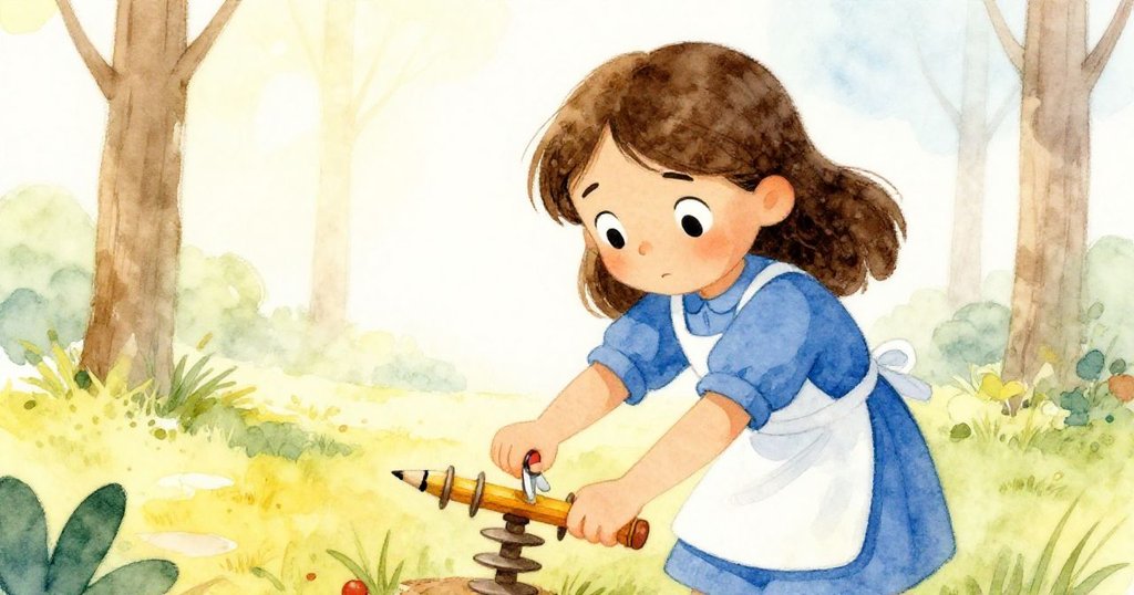 Olive在柔和斜光中努力用鉛筆刮轉軸，周圍杉木質樹幹映襯下展現專注與堅定情緒