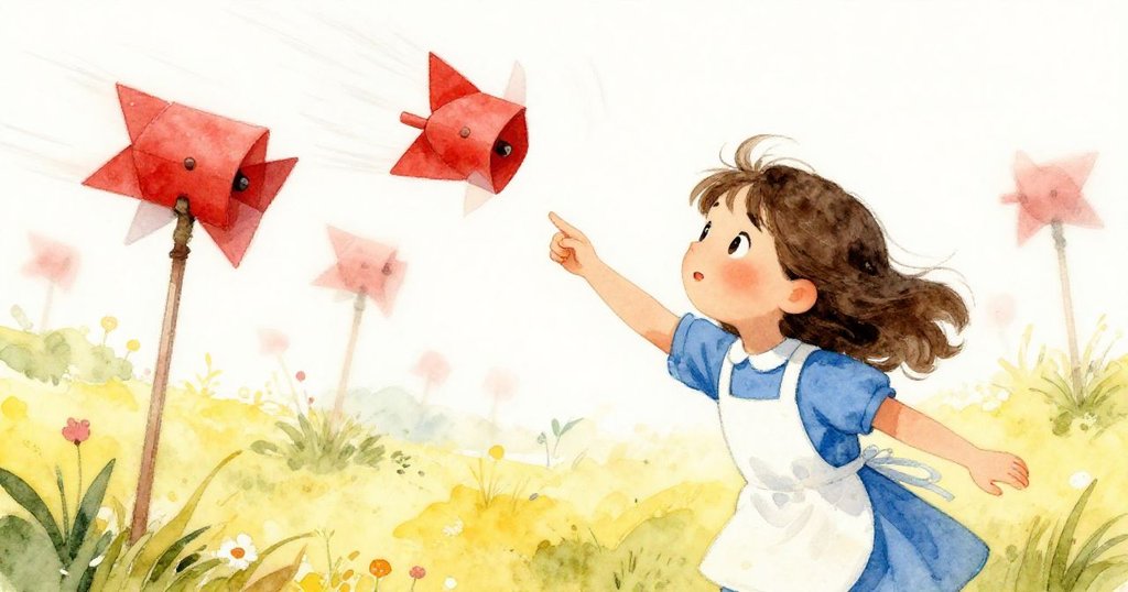 Olive興奮地注視風杯迅速旋轉，動態軌跡強調出動感與儀器恢復活力的瞬間