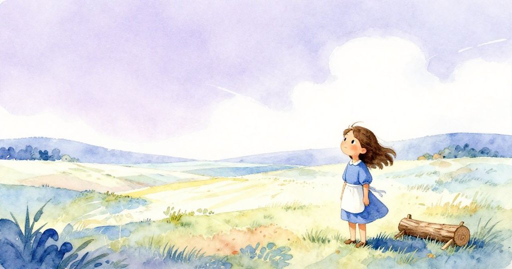 Olive在廣闊戶外溫暖斜光下站立，觀察風杯穩定運轉與書頁漸乾，展現出勤奮工作後的平靜滿足