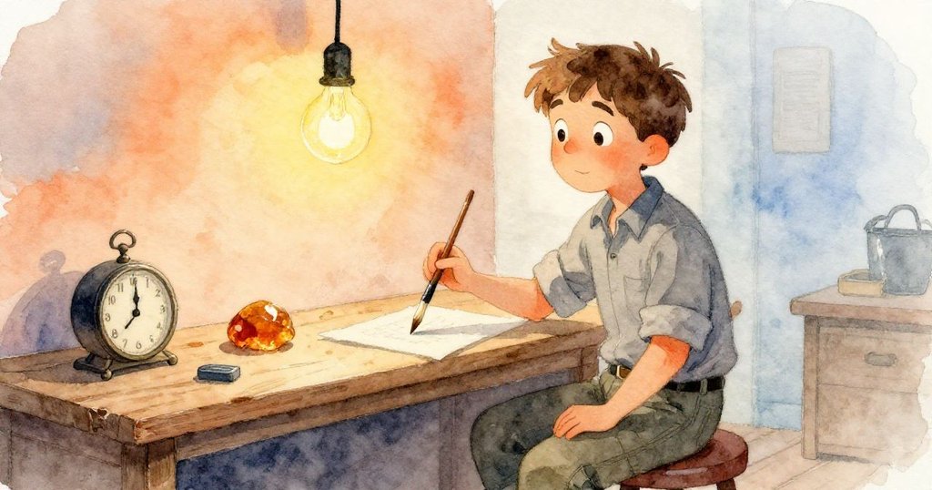 凱恩坐在工作坊內，專注觀察琥珀與無塵刷子，燈泡散發溫暖光暈，背景中懸掛著時鐘，營造神秘寧靜的氛圍。