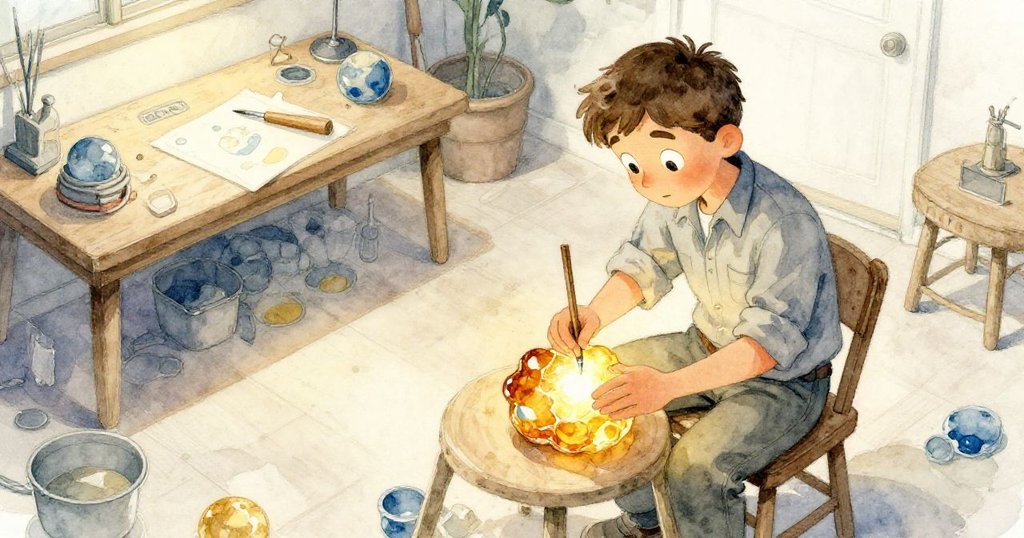 從上方俯瞰凱恩在工作台前忙碌，空置的椅子、長桌與窄縫地板形成細膩對比，粉塵在柔光中緩緩飄浮，展現神秘緊張的氛圍。