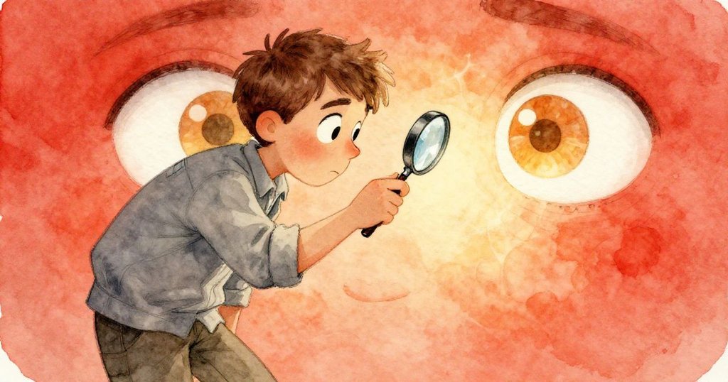 凱恩發現琥珀中心閃亮的三重環圈，充滿驚奇與決心，拿起細紙輕覆琥珀，神情專注，工作台上光影交錯營造出溫暖希望的氛圍。