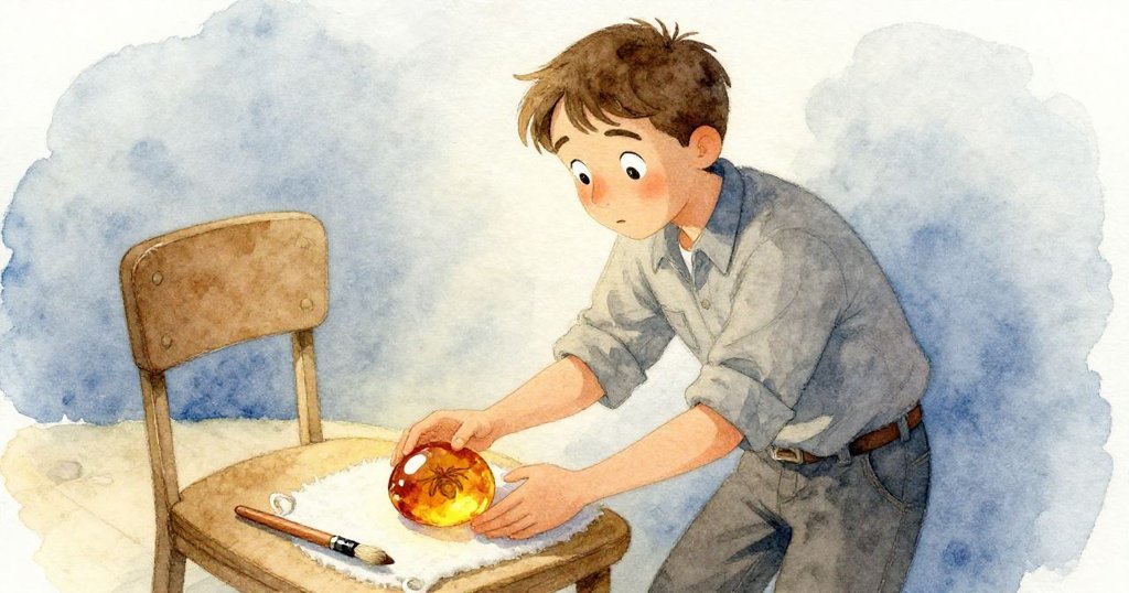 凱恩將打磨好的琥珀安放回工作台上的毛氈上，空著的椅子與刷子相對，窗外卡車聲低迴，營造出未解之謎與淡淡憂愁的終章。