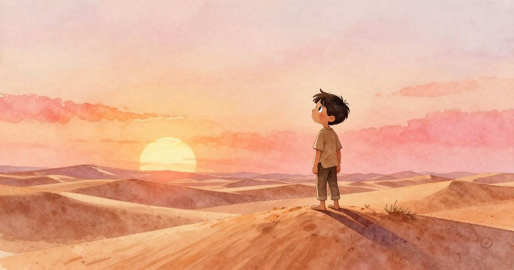 韋德站在波浪狀沙丘頂端，在夕陽映照下探索神秘沙漠，充滿好奇與驚嘆情緒，場景遼闊且光彩奪目。