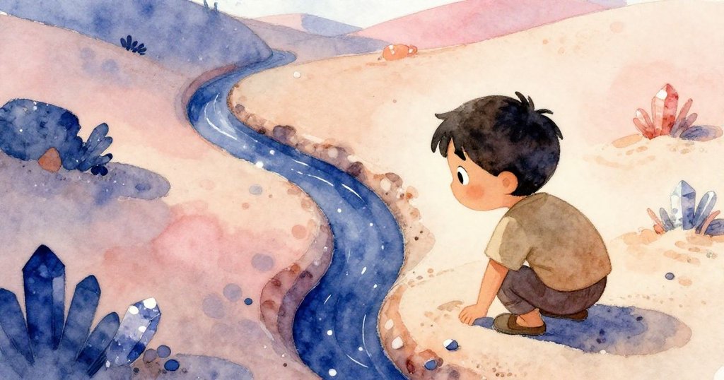 韋德背影注視著沙中曲折細溝，沙粒隨音律流動，微光中的石英閃耀著神秘魅力，探索心情明顯。