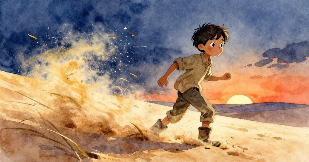 韋德驚訝後退，強風掃過沙脊，沙粒如金光瀑布般倒流，周圍蘆苇亦隨風顫動，展現瞬間因果反應。