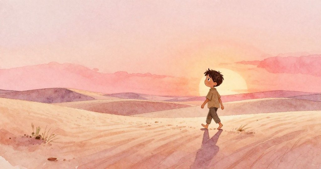 韋德穩步行走於風向穩固沙面上，夕陽下沙丘靜謐悄語，隱約餘音裡表現平和踏實，故事有始有終。