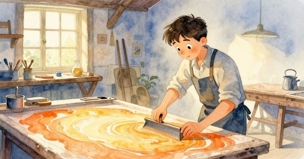 Blake在溫暖工作室初始操作工藝，手持工具輕觸顏料，展現期待與專注的初步進展。