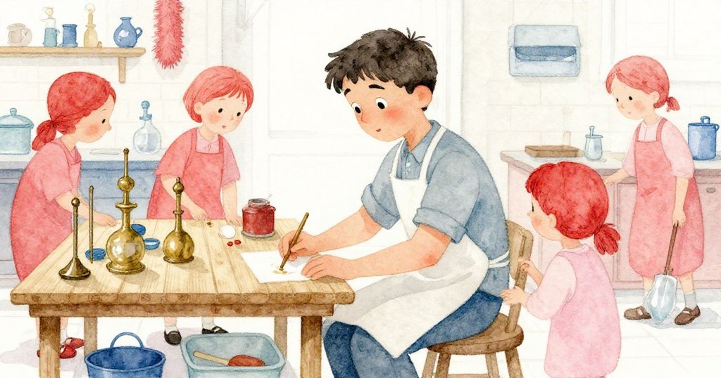 Blake在層次豐富的工作台前觀察顏料變化，背景工具衬托出勤奮與創作熱情。