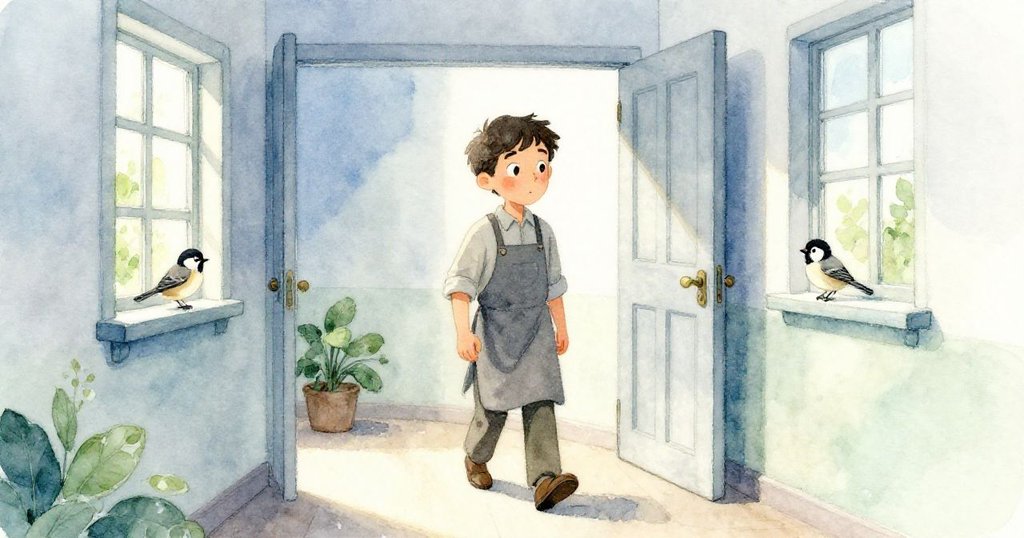 Blake朝著打開的走廊邁步，注意窗台上麻雀，感受變化中微妙的不安與好奇。