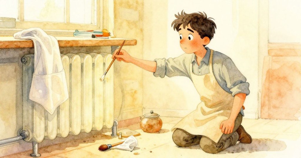 Blake在暖爐旁撿起落筆，神情沈思中與散落畫具互動，呈現工作中突發的小混亂。