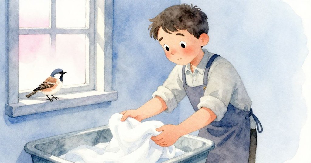 Blake回到工作台，小心放置棉紙恢復畫面，滿足與寧靜流露，窗邊麻雀靜靜注視，滿懷寧靜心情。