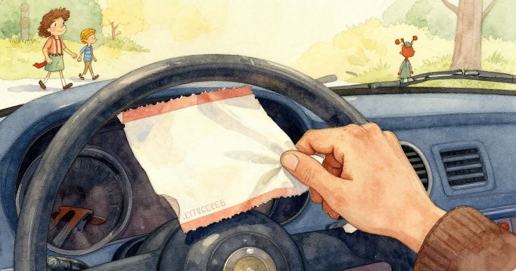 Glen 近距離注視方向盤細節，用布輕拭藍車內部，票根輕附其上，眼神充滿決心與溫柔。