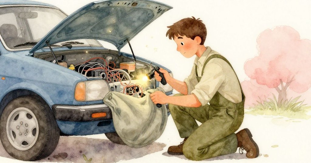 Glen 跪在藍車旁，撥起車裙檢視內部電線，手持火炬照明，畫面神秘且專注。