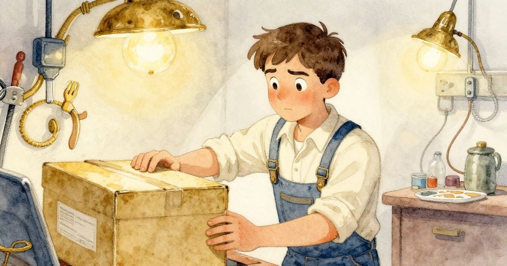 Glen 在設備室內靠近開關箱，雙手搜尋主斷路器，環境零件豐富，神情專注且堅毅。