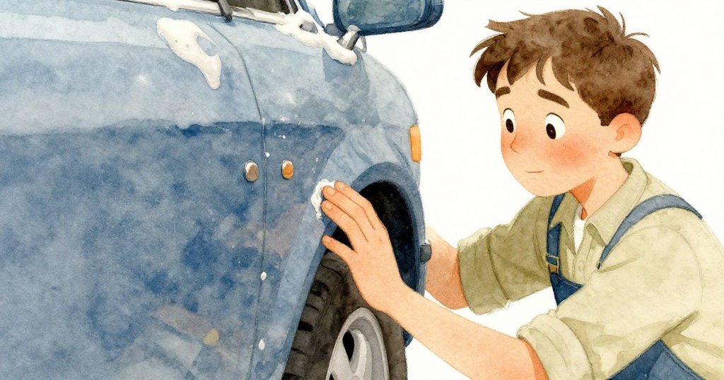 Glen 低頭仔細觸摸藍車受損處，感受剝落油漆與彈性泡棉，神情流露出堅持與細膩。